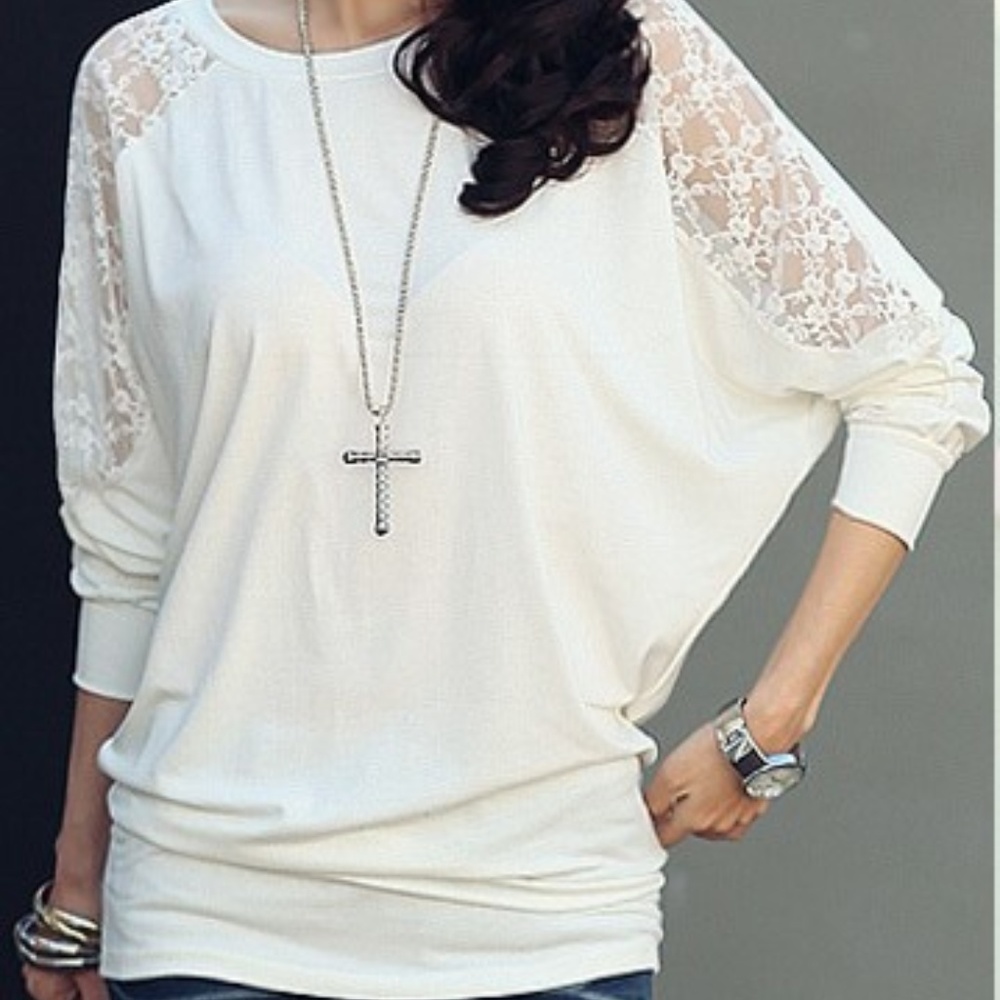 Women's Lace Sleeves Top - White - Sm, Med, Large
